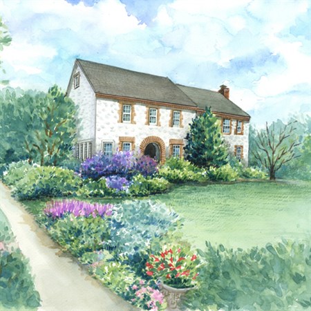 Hand Painted Watercolor of A Light Colored House with Beautiful Summer Landscape,by myDaVinci - myDaVinci